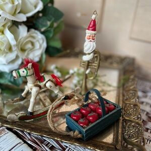 Vintage 70s/80s Christmas Ornaments - Rocking Horse, Apple crates, Santa Trumpet